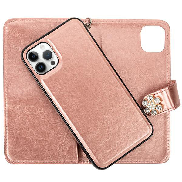 Handmade Detachable Bling Pink Flower Wallet IPhone 15 Pro Max