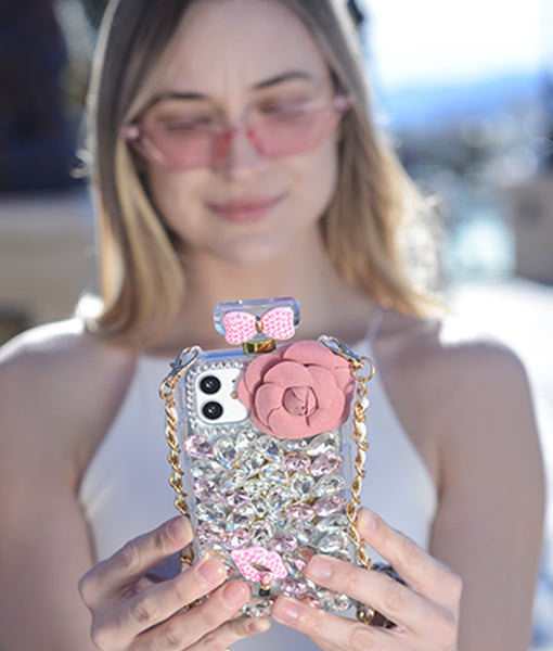 Handmade Bling Pink Flower Bottle Case IPhone 15 Plus