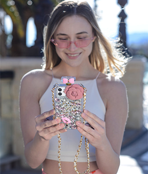 Handmade Bling Pink Flower Bottle Case IPhone 14 Plus