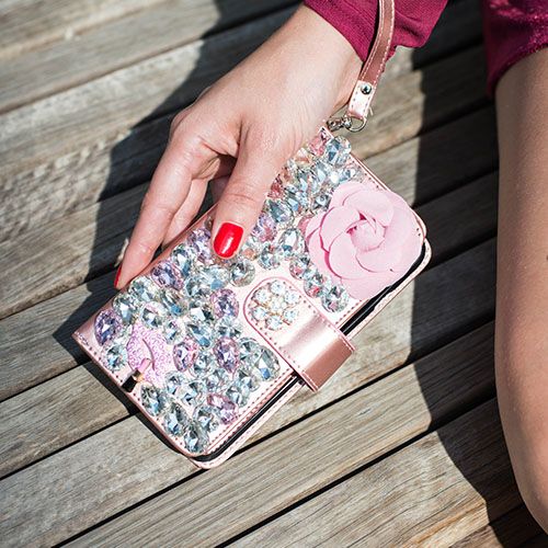 Handmade Pink Flower Bling Wallet Samsung S10